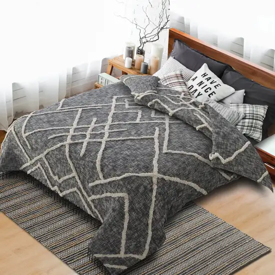 Charcoal and Off White Geometric  Cotton Coverlet With Fringe Photo 9