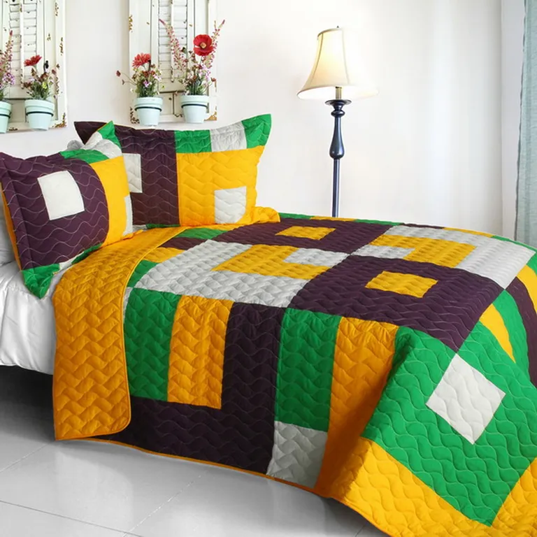 Checkers - 3PC Vermicelli-Quilted Patchwork Quilt Set (Full/Queen Size) Photo 1