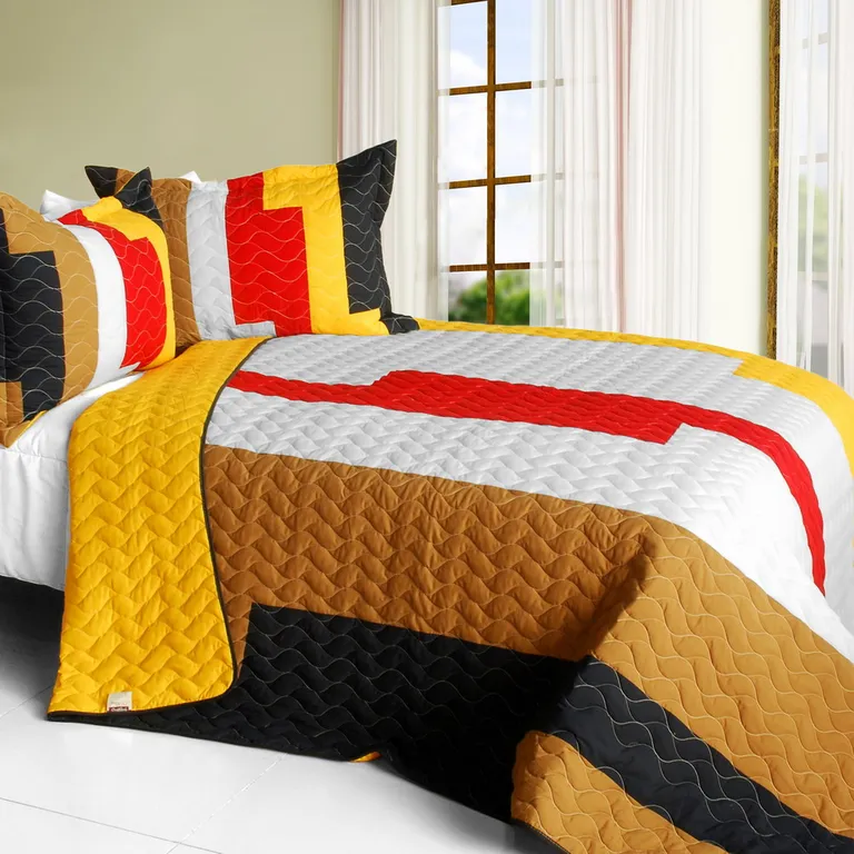 Classic Playbook - B - Vermicelli-Quilted Patchwork Striped Quilt Set Full/Queen Photo 1
