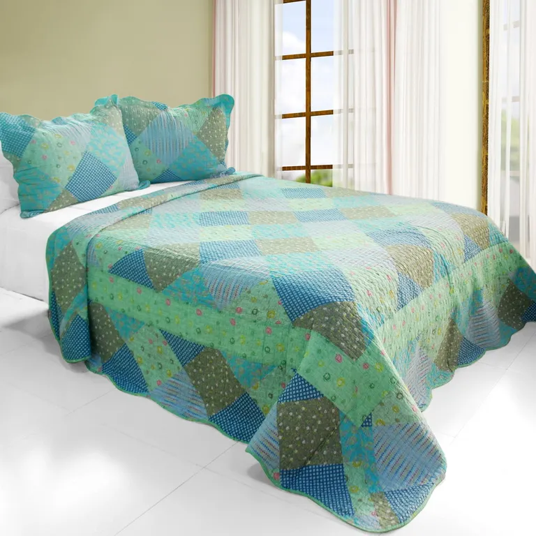 Colorful Glamor - Cotton 3PC Vermicelli-Quilted Printed Quilt Set (Full/Queen Size) Photo 1