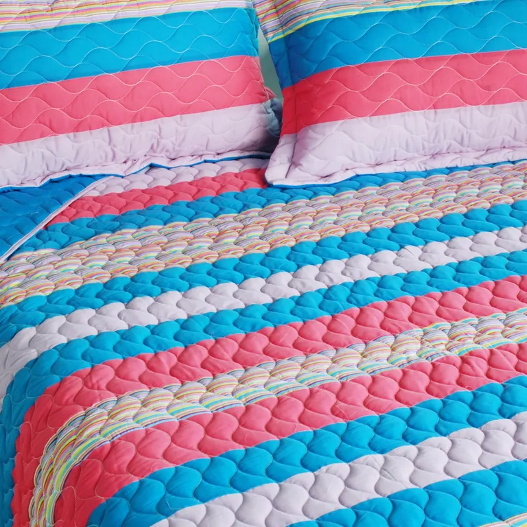 Colorful Sky - 3PC Vermicelli-Quilted Striped Quilt Set (Full/Queen Size) Photo 2