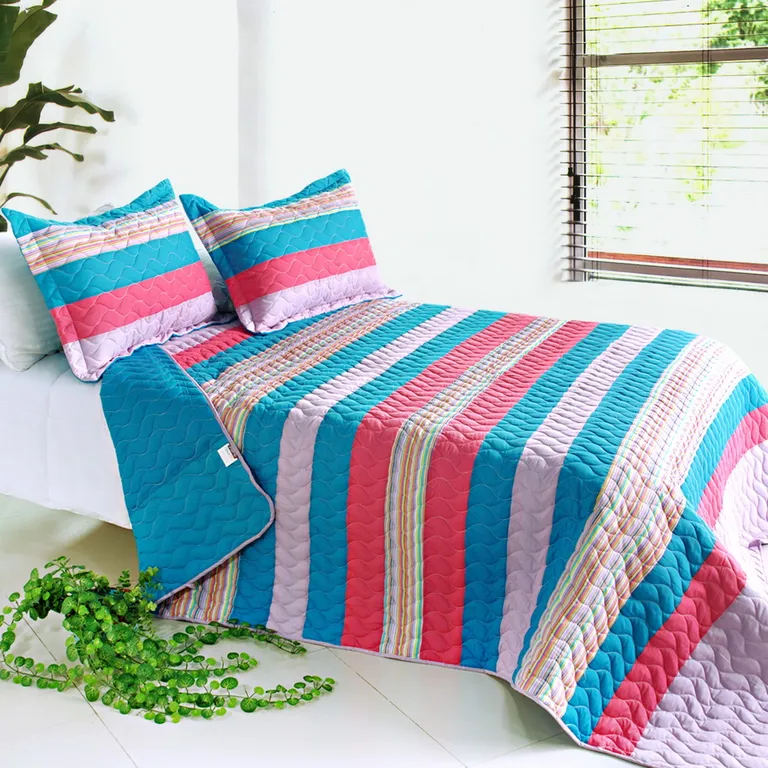 Colorful Sky - 3PC Vermicelli-Quilted Striped Quilt Set (Full/Queen Size) Photo 1