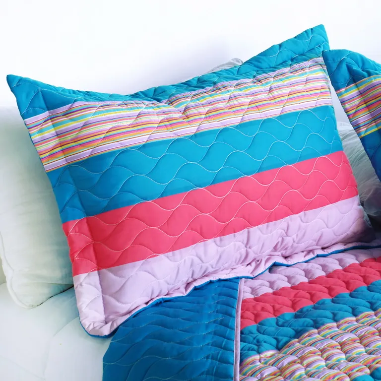 Colorful Sky - 3PC Vermicelli-Quilted Striped Quilt Set (Full/Queen Size) Photo 3