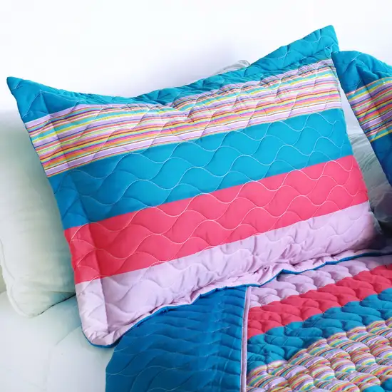 Colorful Sky -  3PC Vermicelli-Quilted Striped Quilt Set (Full/Queen Size) Photo 4