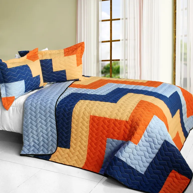 Colorful Wave - Brand New Vermicelli-Quilted Patchwork Quilt Set Full/Queen Photo 1