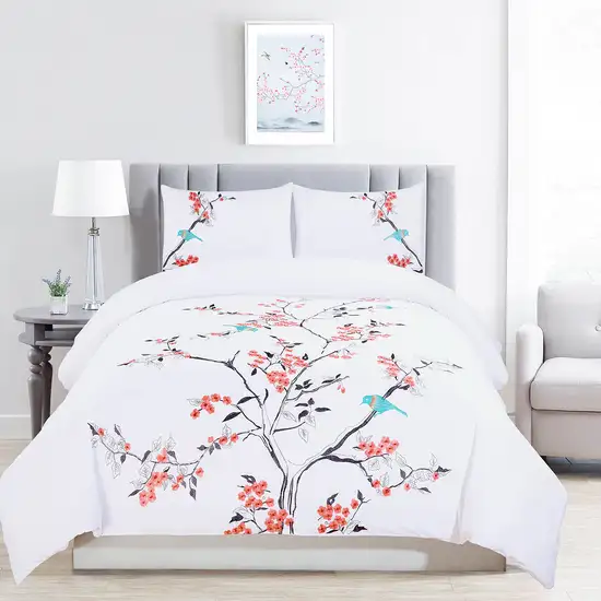 Coral and White Queen 100% Cotton 200 Thread Count Washable Duvet Cover Set Photo 5