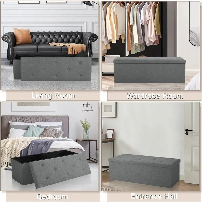 Dark Grey Linen Upholstered Bedroom Living Room Entryway Storage Bench Ottoman Photo 4