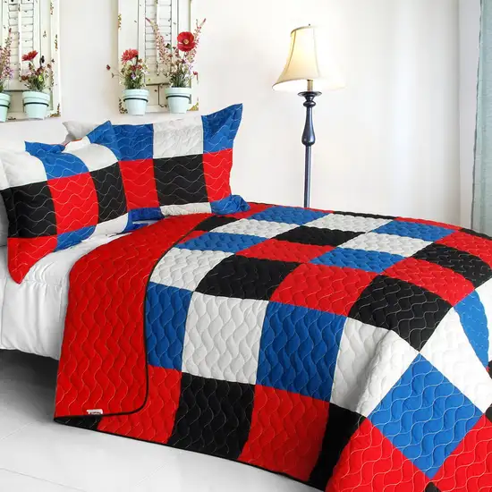 Delicate Plaid - B -  Vermicelli-Quilted Patchwork Plaid Quilt Set Full/Queen Photo 1