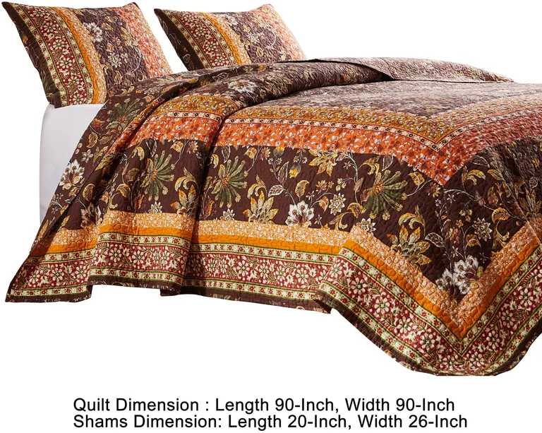 Dill 3 Piece Full Quilt Set, Bohemian, Jacobean Floral Print, Brown, Orange Photo 5