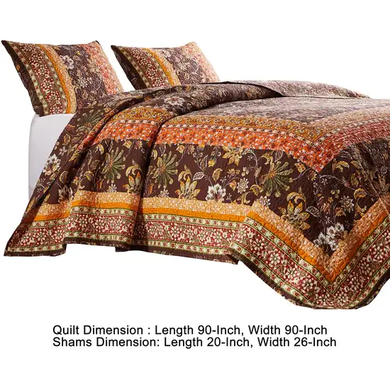 Dill 3 Piece Full Quilt Set, Bohemian, Jacobean Floral Print, Brown, Orange Photo 5