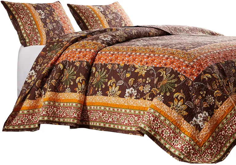 Dill 3 Piece Full Quilt Set, Bohemian, Jacobean Floral Print, Brown, Orange Photo 1