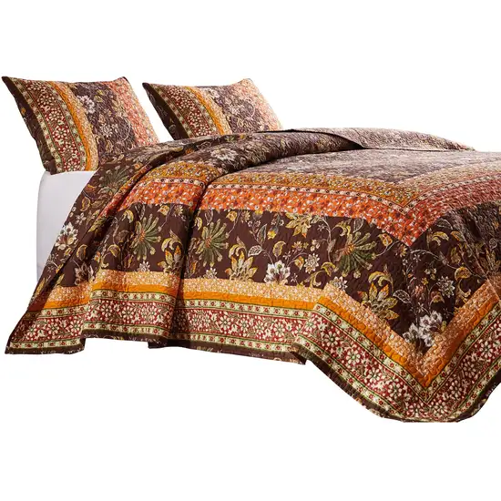 Dill 3 Piece Full Quilt Set, Bohemian, Jacobean Floral Print, Brown, Orange Photo 1