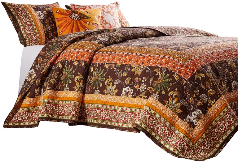 Dill 3 Piece Full Quilt Set, Bohemian, Jacobean Floral Print, Brown, Orange Photo 3