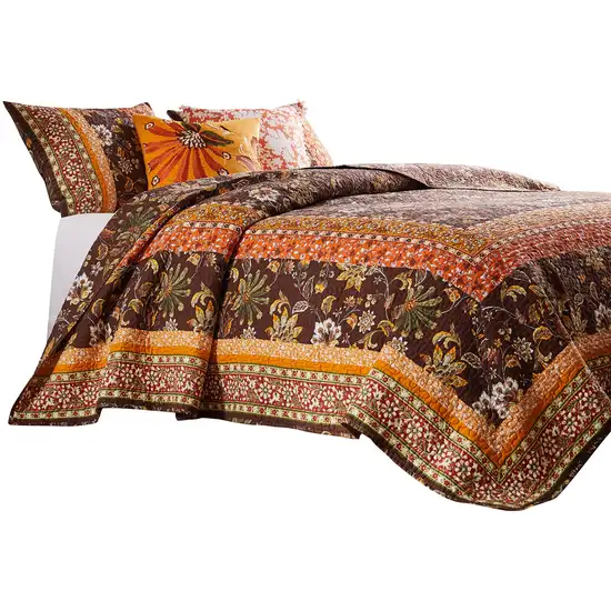 Dill 3 Piece Full Quilt Set, Bohemian, Jacobean Floral Print, Brown, Orange Photo 3