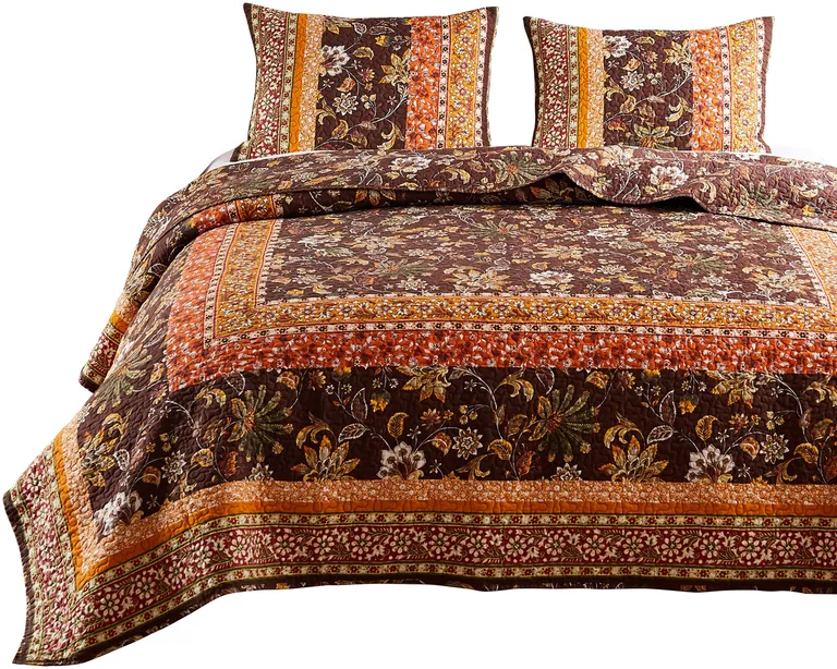 Dill 3 Piece Full Quilt Set, Bohemian, Jacobean Floral Print, Brown, Orange Photo 2