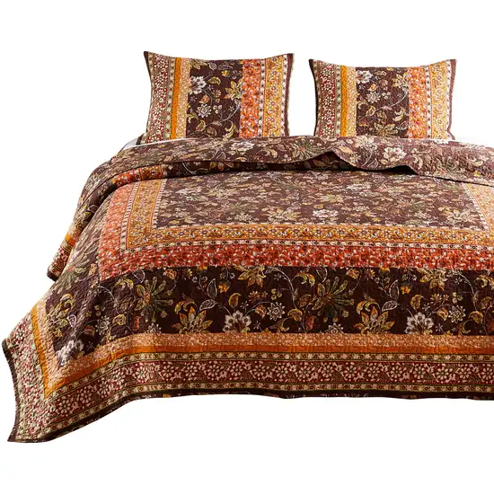 Dill 3 Piece Full Quilt Set, Bohemian, Jacobean Floral Print, Brown, Orange Photo 2