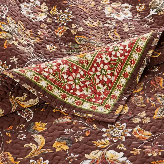 Dill 3 Piece Full Quilt Set, Bohemian, Jacobean Floral Print, Brown, Orange Photo 4