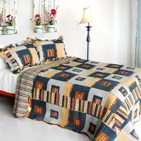 Photo of Dim light - Cotton 3PC Vermicelli-Quilted Plaid Patchwork Quilt Set (Full/Queen Size)