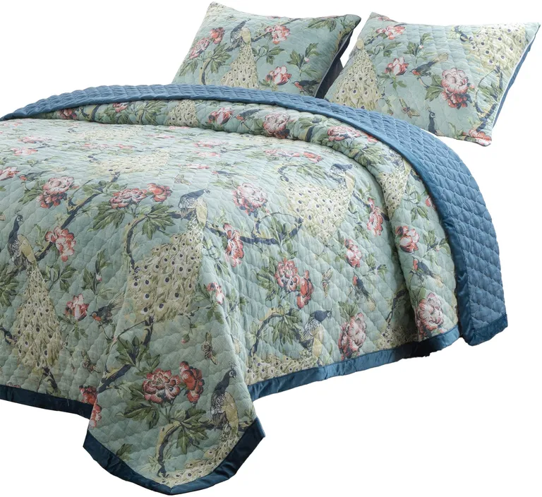 Eden 3 Piece King Quilt Set, Peacock Print, Microfiber Photo 2