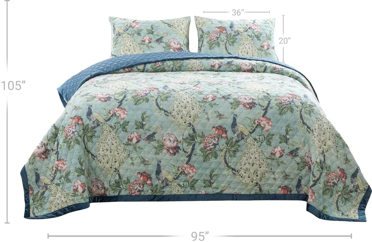 Eden 3 Piece King Quilt Set, Peacock Print, Microfiber Photo 5