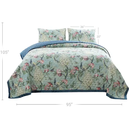 Eden 3 Piece King Quilt Set, Peacock Print, Microfiber Photo 5