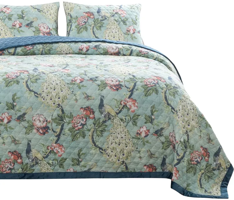 Eden 3 Piece King Quilt Set, Peacock Print, Microfiber Photo 3