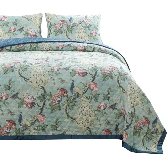 Eden 3 Piece King Quilt Set, Peacock Print, Microfiber Photo 3