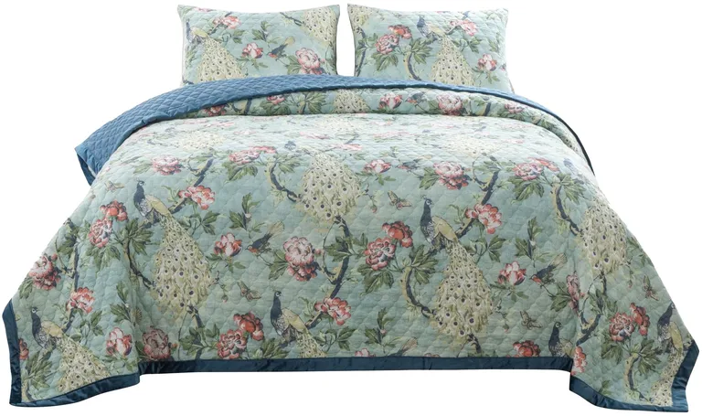 Eden 3 Piece King Quilt Set, Peacock Print, Microfiber Photo 1