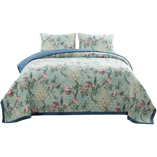 Eden 3 Piece King Quilt Set, Peacock Print, Microfiber Photo 1