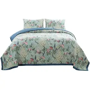 Photo of Eden 3 Piece Queen Quilt Set, Peacock and Songbirds, Microfiber