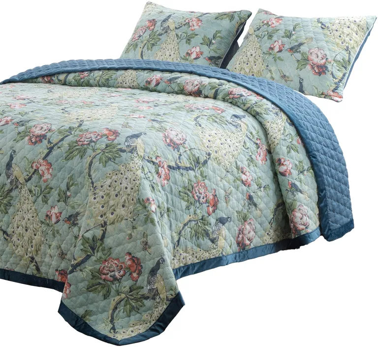 Eden 2 Piece Twin XL Quilt Set, Peacock and Songbirds, Microfiber Photo 2