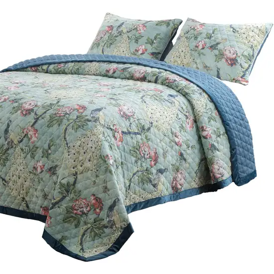 Eden 2 Piece Twin XL Quilt Set, Peacock and Songbirds, Microfiber Photo 2