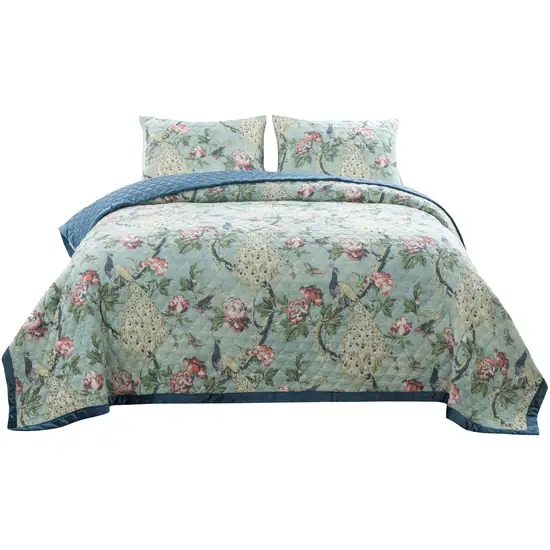 Eden 2 Piece Twin XL Quilt Set, Peacock and Songbirds, Microfiber Photo 1