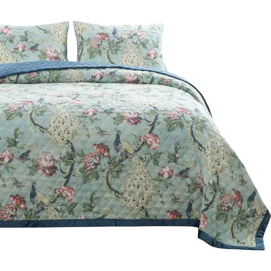 Eden 2 Piece Twin XL Quilt Set, Peacock and Songbirds, Microfiber Photo 3