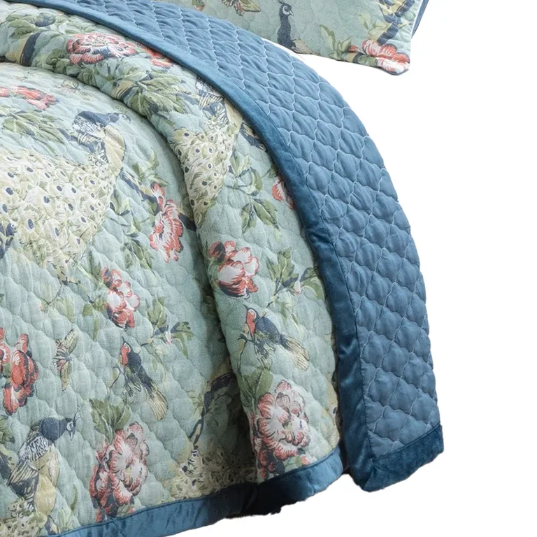 Eden 2 Piece Twin XL Quilt Set, Peacock and Songbirds, Microfiber Photo 4