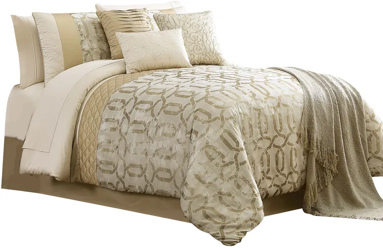 Elia 10 Piece King Polyester Comforter Set, Lattice Pattern, Cream, Gold Photo 1