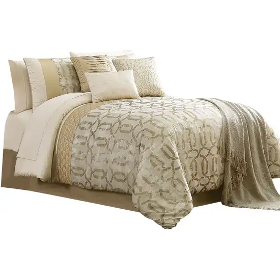 Elia 10 Piece King Polyester Comforter Set, Lattice Pattern, Cream, Gold Photo 1