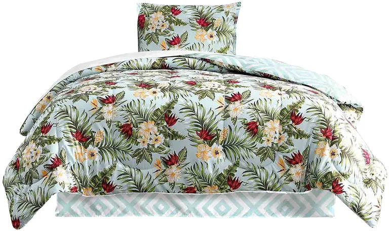 Elia 6 Piece Polyester Twin Comforter Set, Tropical Design, Green, White Photo 2