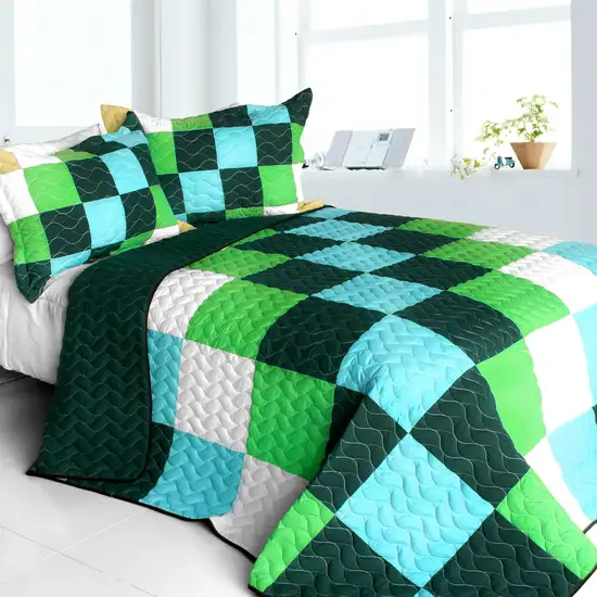 Elissa Love -  Vermicelli-Quilted Patchwork Geometric Quilt Set Full/Queen Photo 1