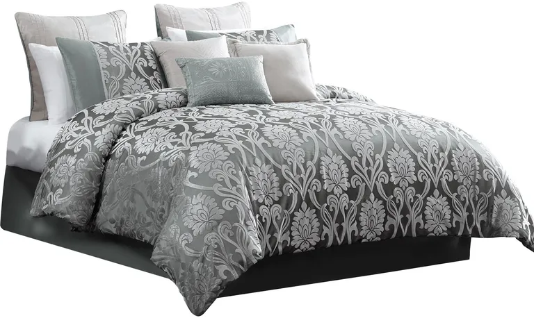 Emma 10 Piece Polyester King Comforter Set, Gray Silver Velvet Damask Print Photo 2