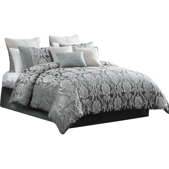 Emma 10 Piece Polyester King Comforter Set, Gray Silver Velvet Damask Print Photo 2