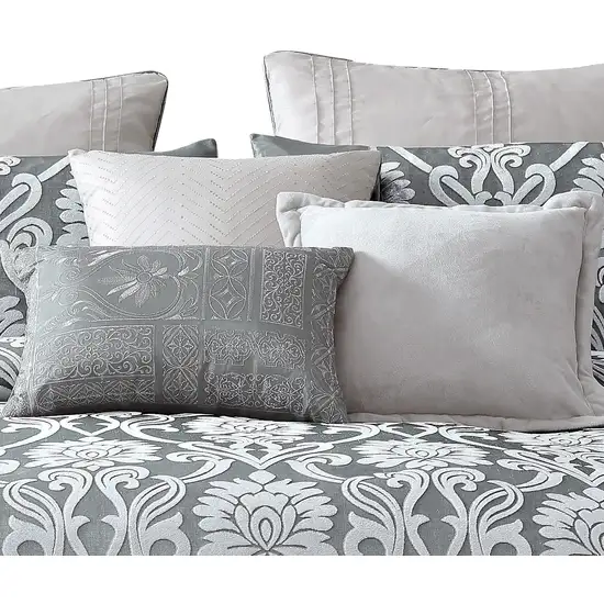 Emma 10 Piece Polyester King Comforter Set, Gray Silver Velvet Damask Print Photo 4