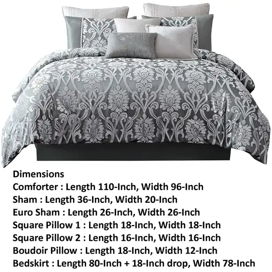 Emma 10 Piece Polyester King Comforter Set, Gray Silver Velvet Damask Print Photo 5