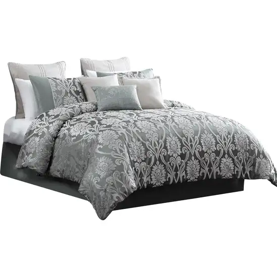 Emma 9 Piece Polyester Queen Comforter Set, Gray Silver Velvet Damask Print Photo 2