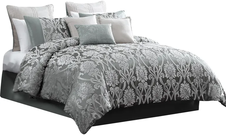 Emma 9 Piece Polyester Queen Comforter Set, Gray Silver Velvet Damask Print Photo 2