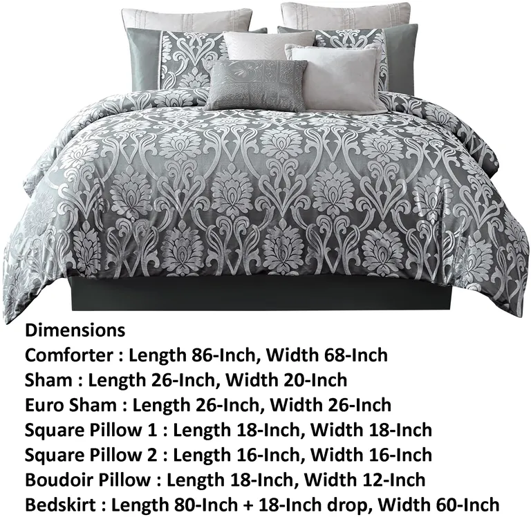 Emma 9 Piece Polyester Queen Comforter Set, Gray Silver Velvet Damask Print Photo 5