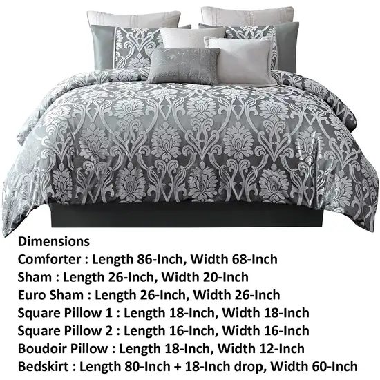 Emma 9 Piece Polyester Queen Comforter Set, Gray Silver Velvet Damask Print Photo 5