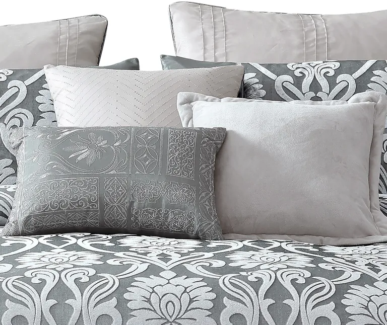 Emma 9 Piece Polyester Queen Comforter Set, Gray Silver Velvet Damask Print Photo 4