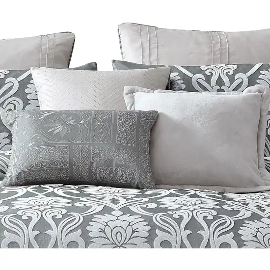 Emma 9 Piece Polyester Queen Comforter Set, Gray Silver Velvet Damask Print Photo 4