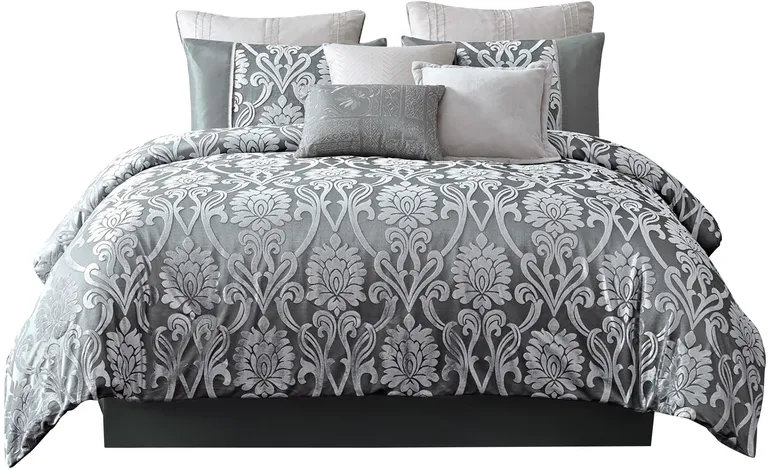 Emma 9 Piece Polyester Queen Comforter Set, Gray Silver Velvet Damask Print Photo 1